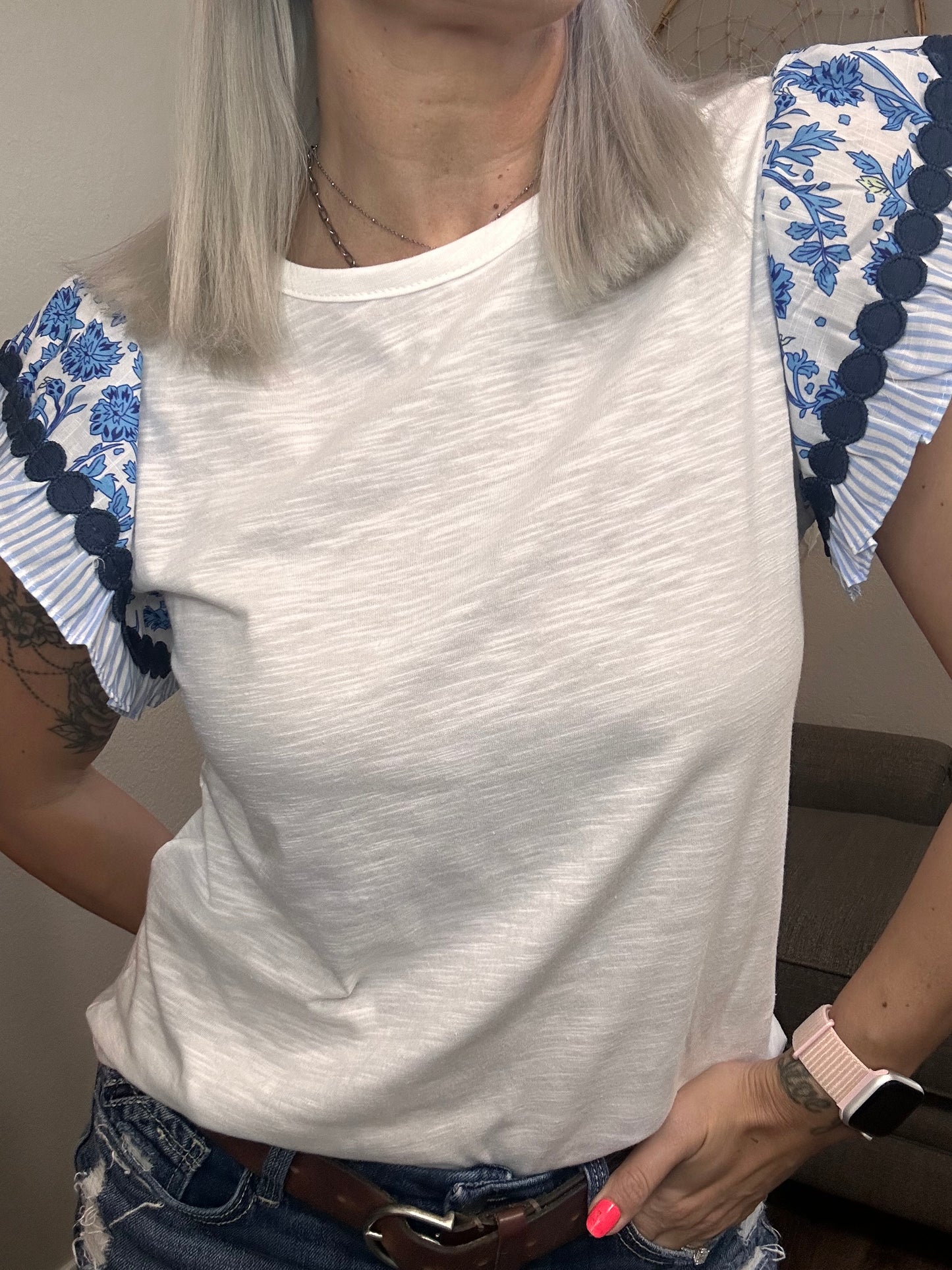 Floral Ric-Rac Flutter Sleeve Blouse