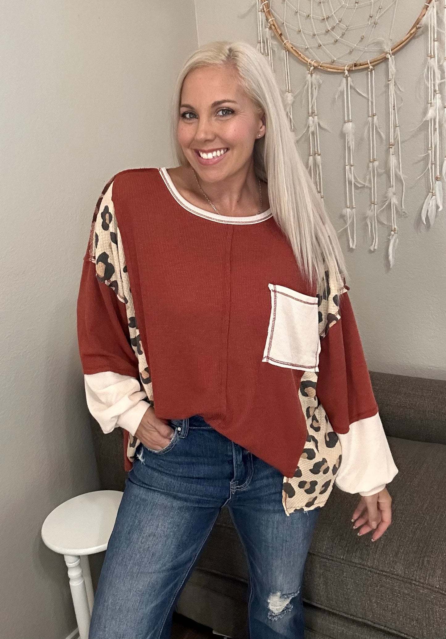 Lenora Leopard Print Thermo Mix Oversized Top-Rust