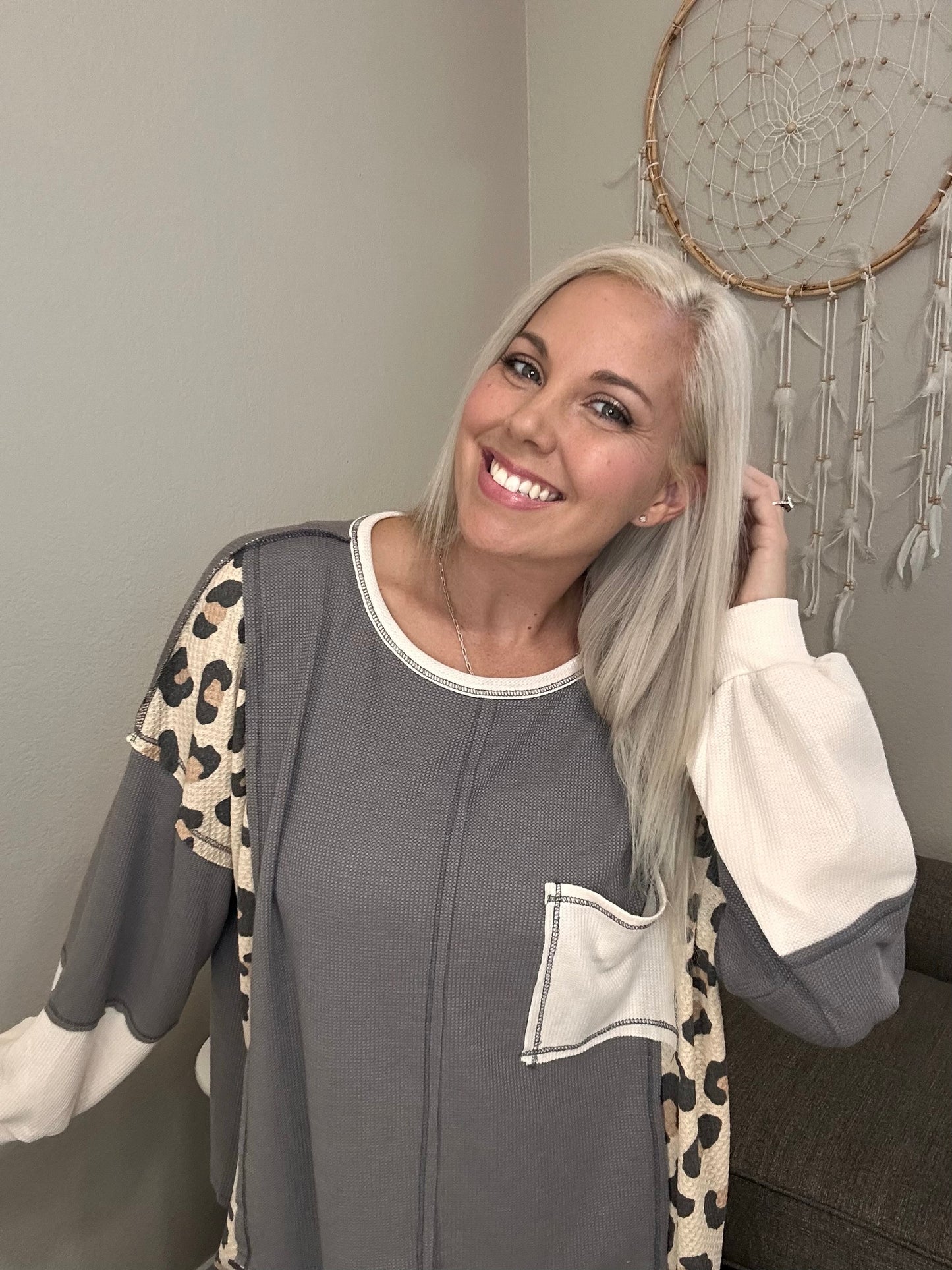 Lenora Leopard Print Thermo Mix Oversized- Charcoal