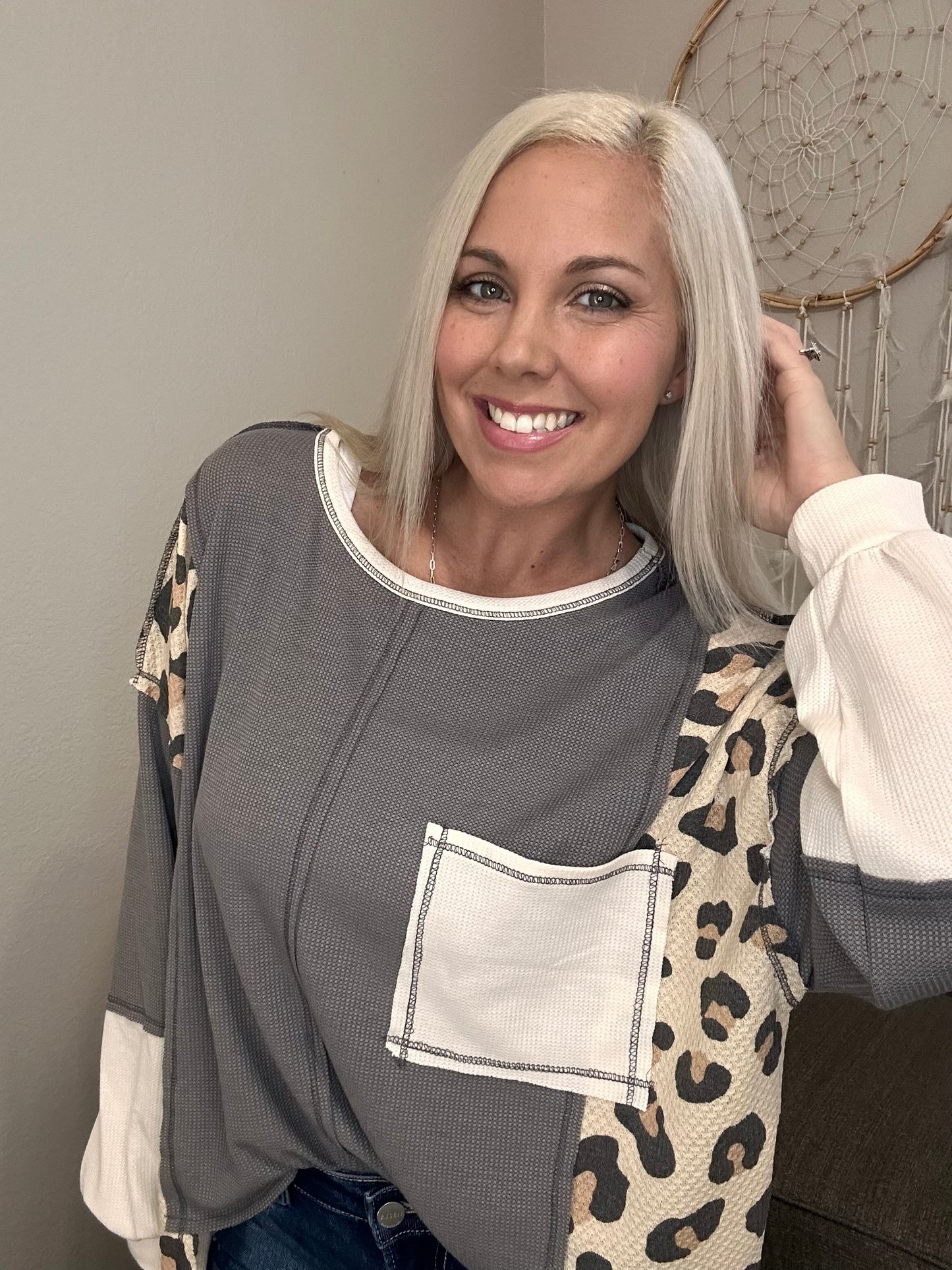 Lenora Leopard Print Thermo Mix Oversized- Charcoal