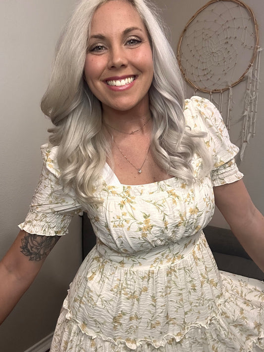 Whimsical Floral Square Neck Dress
