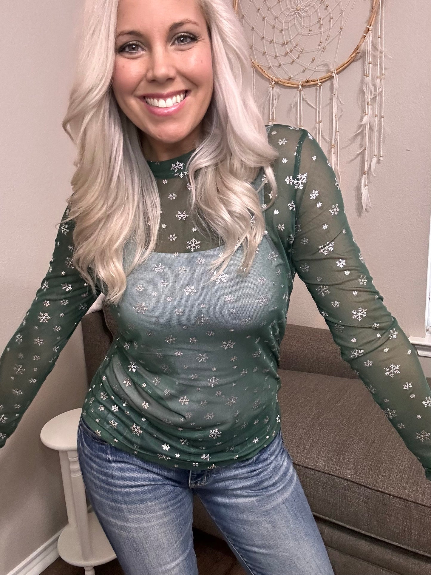 Green Snowflake Sheer Long Sleeve