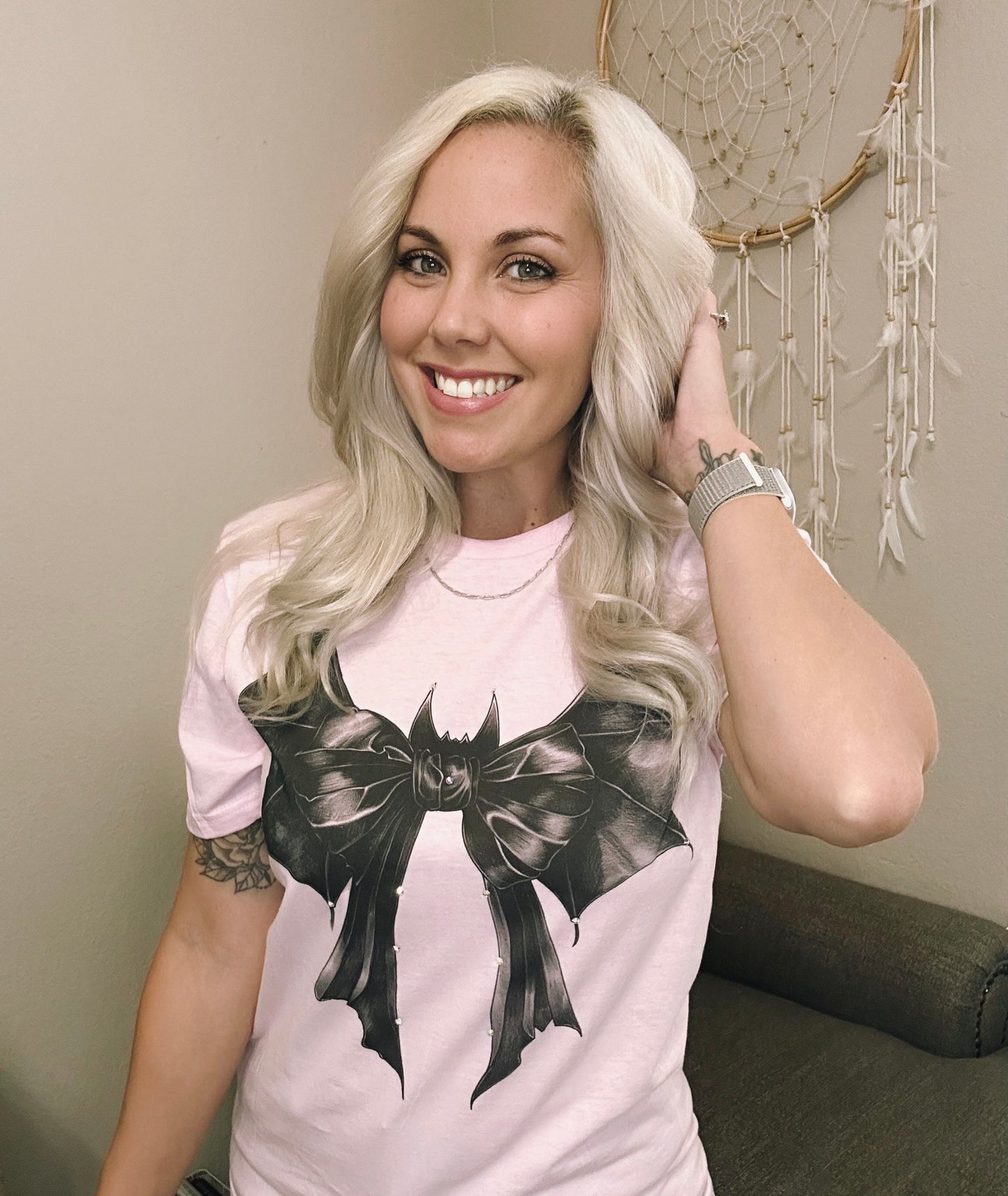 Bat Bow Graphic Tee with Rhinestones