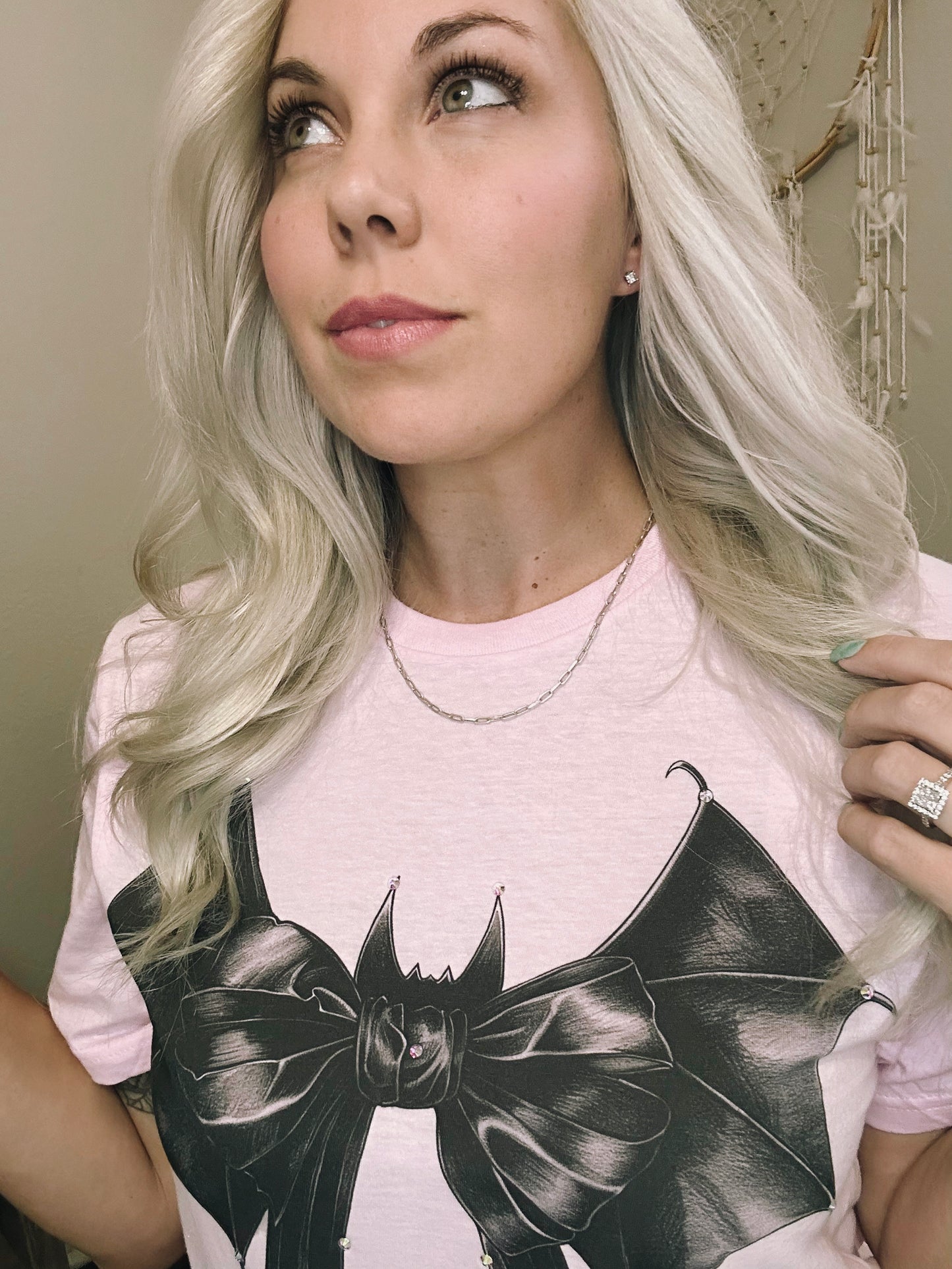 Bat Bow Graphic Tee with Rhinestones