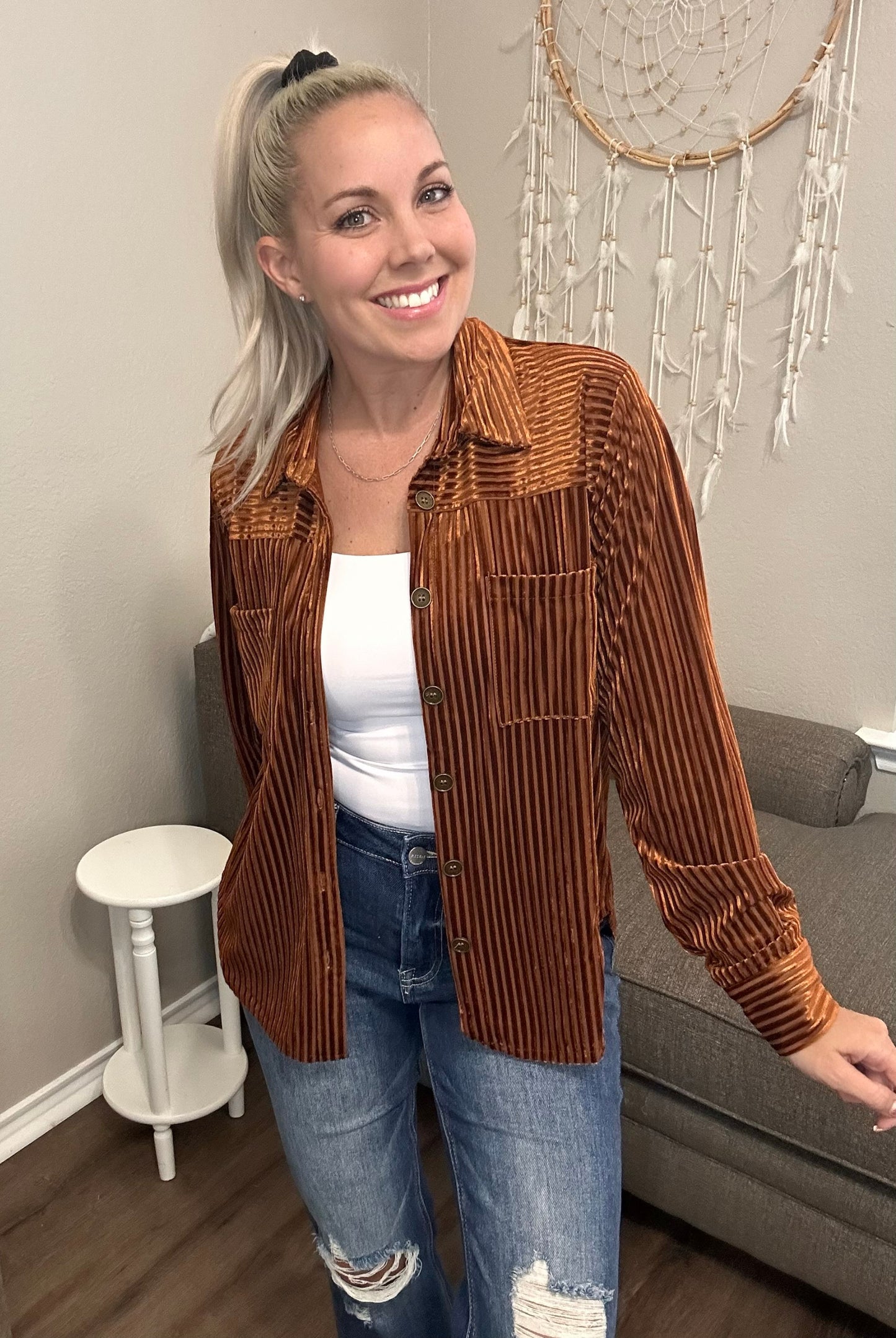 Vera Velvet Striped Button Up