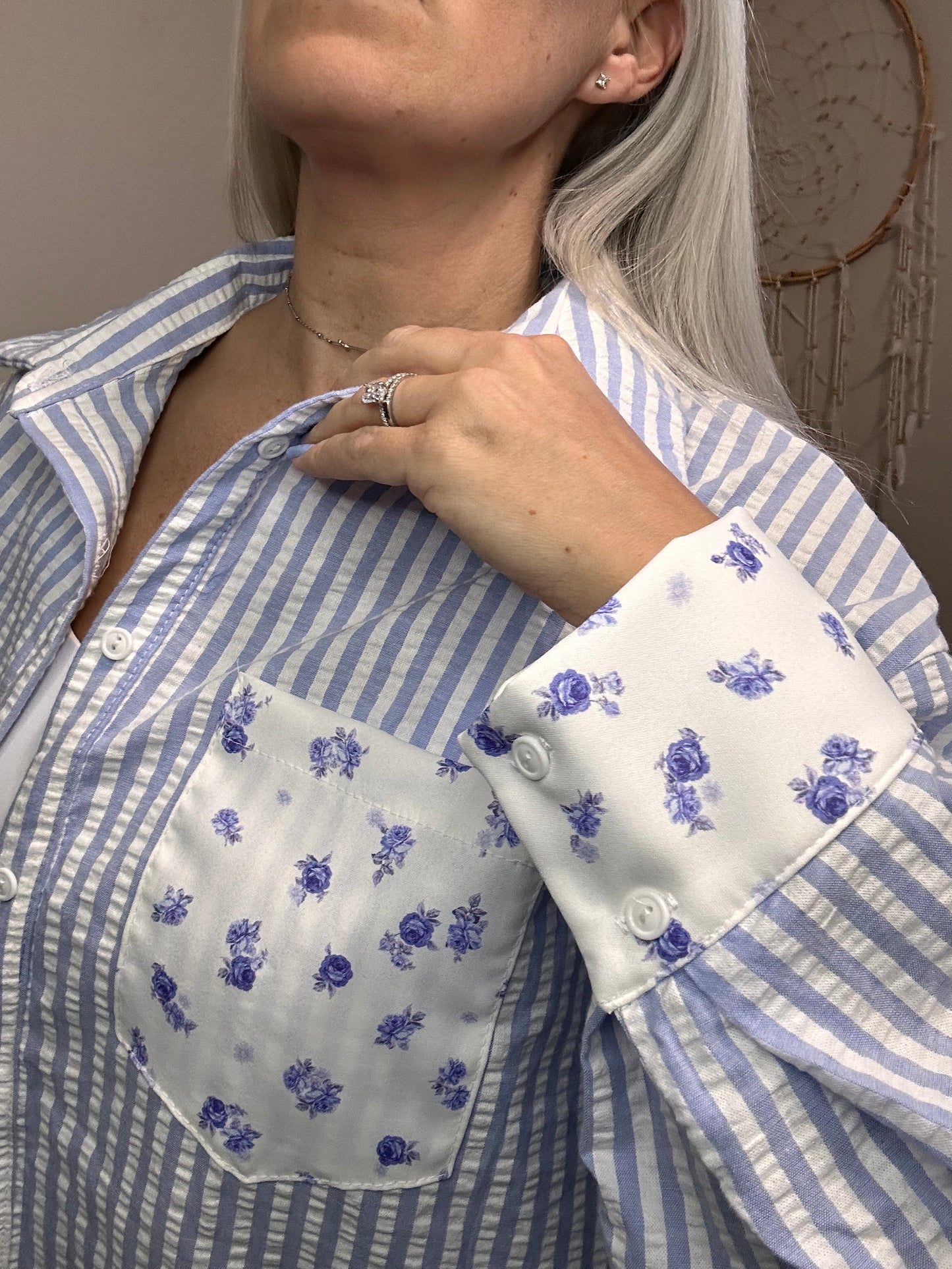 Royal Striped Button Up with Floral Accents