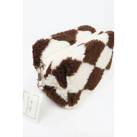 Checker Plush Cozy Look Cosmetic Pouch