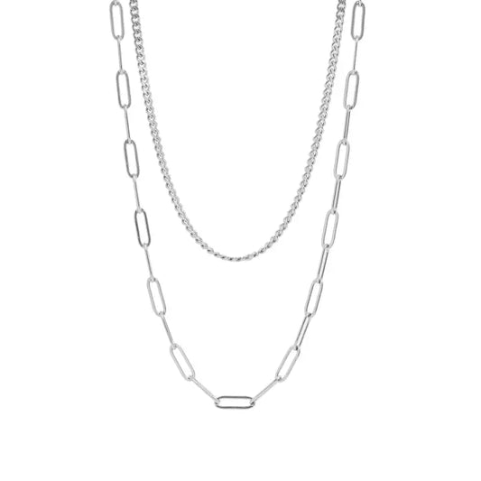 Stainless Steel Curb & Paperclip Layered Chain Necklace