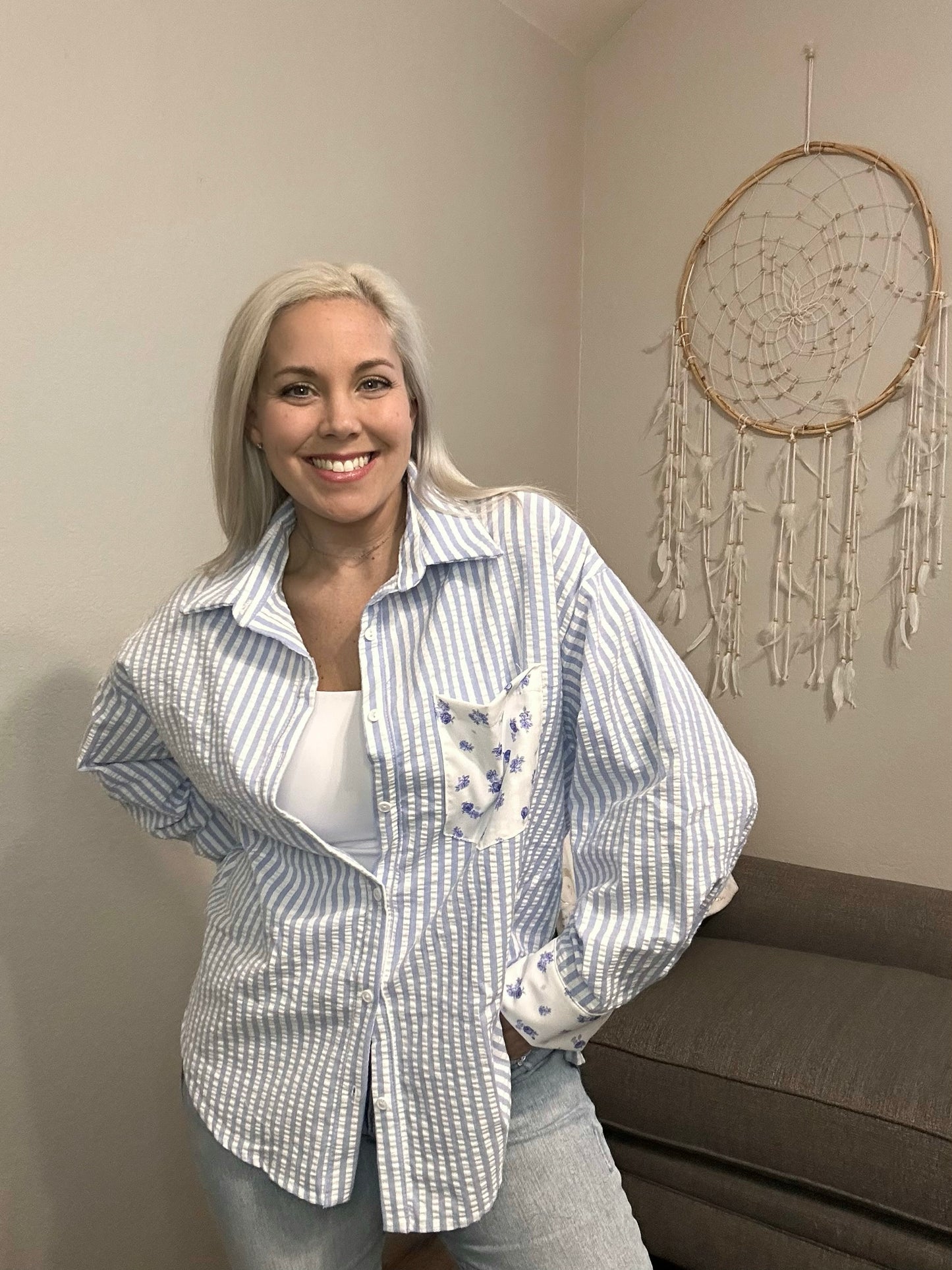Royal Striped Button Up with Floral Accents