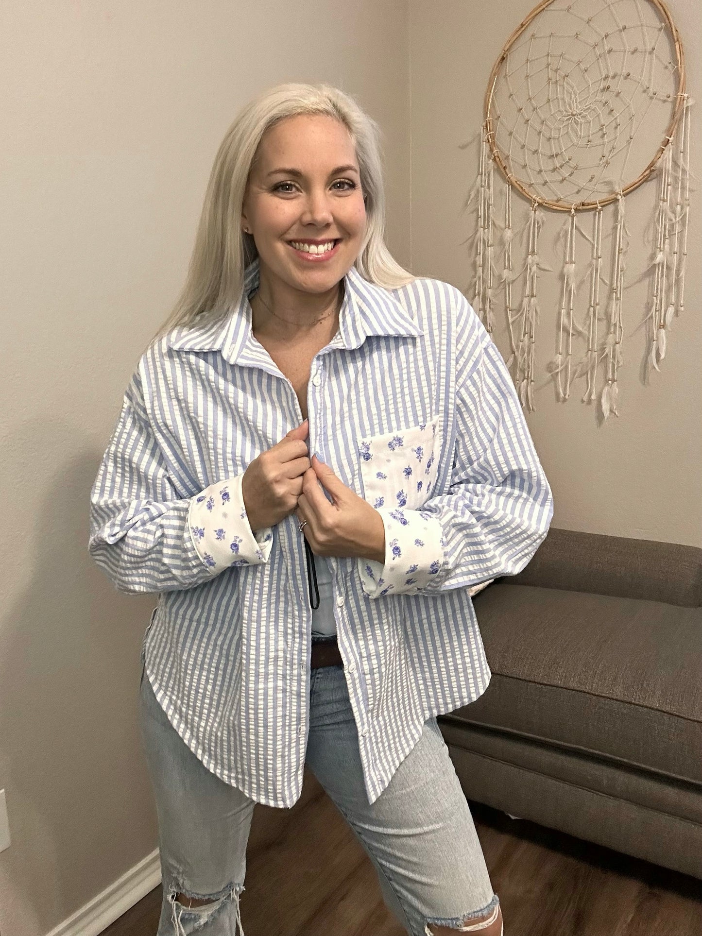 Royal Striped Button Up with Floral Accents