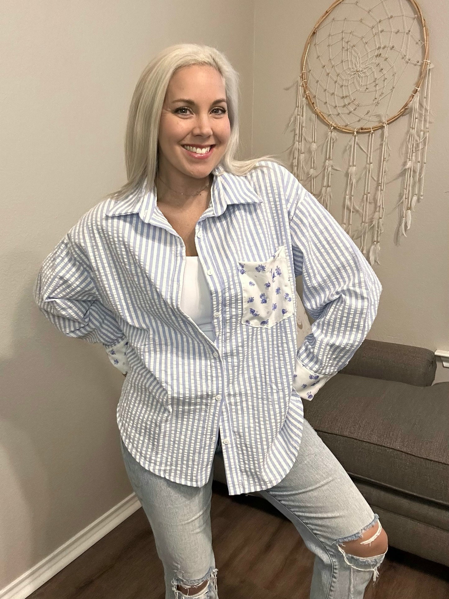 Royal Striped Button Up with Floral Accents