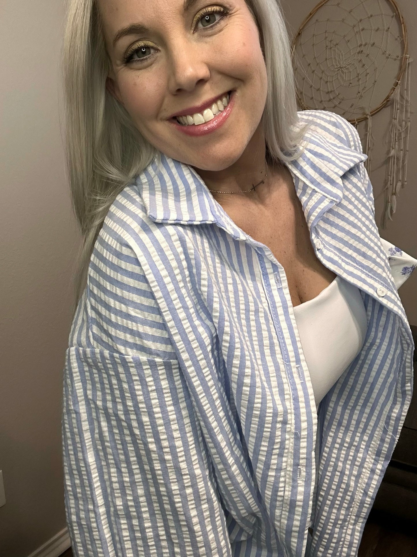 Royal Striped Button Up with Floral Accents