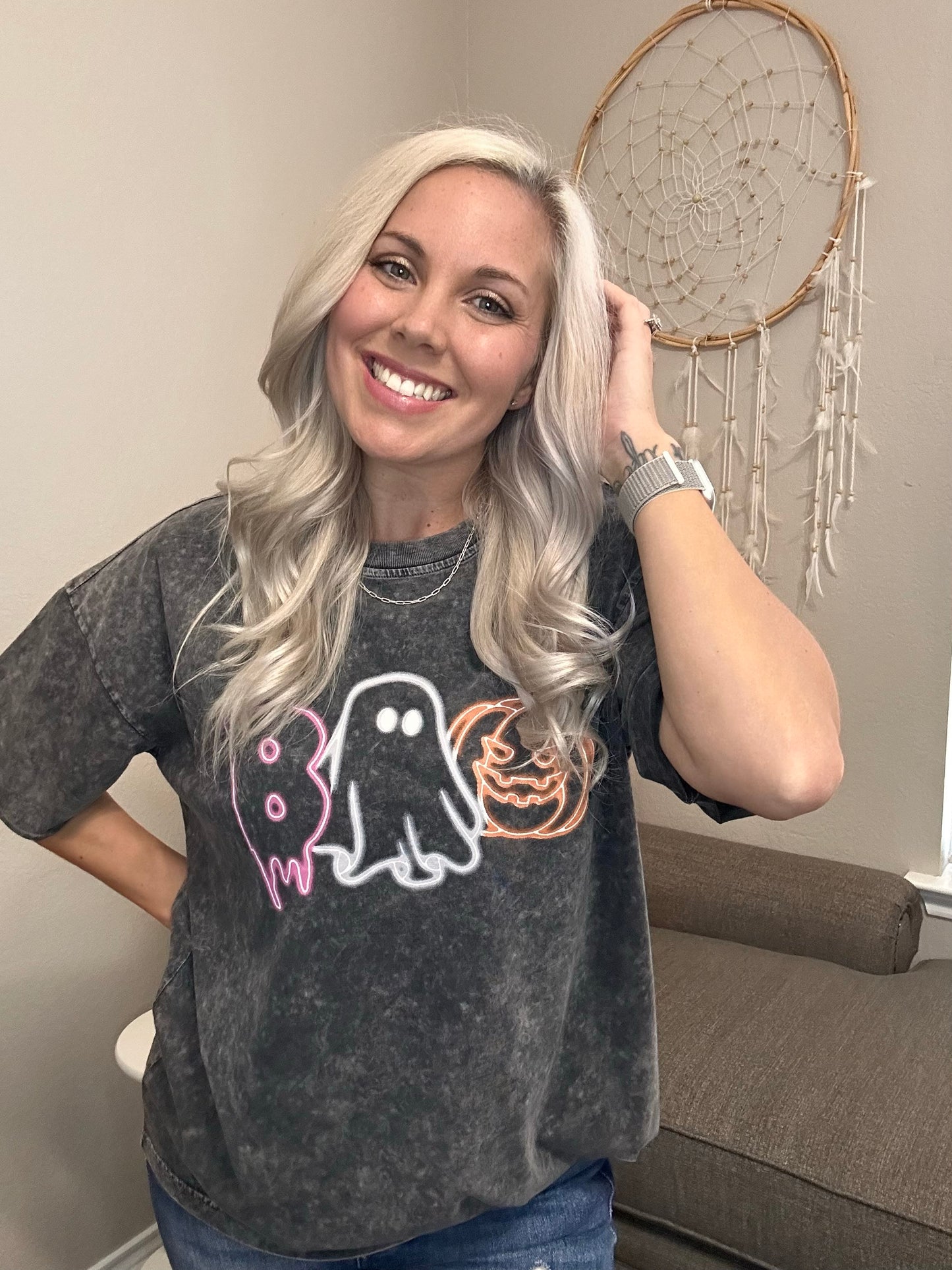 Boo! Neon Light Graphic Tee- Black