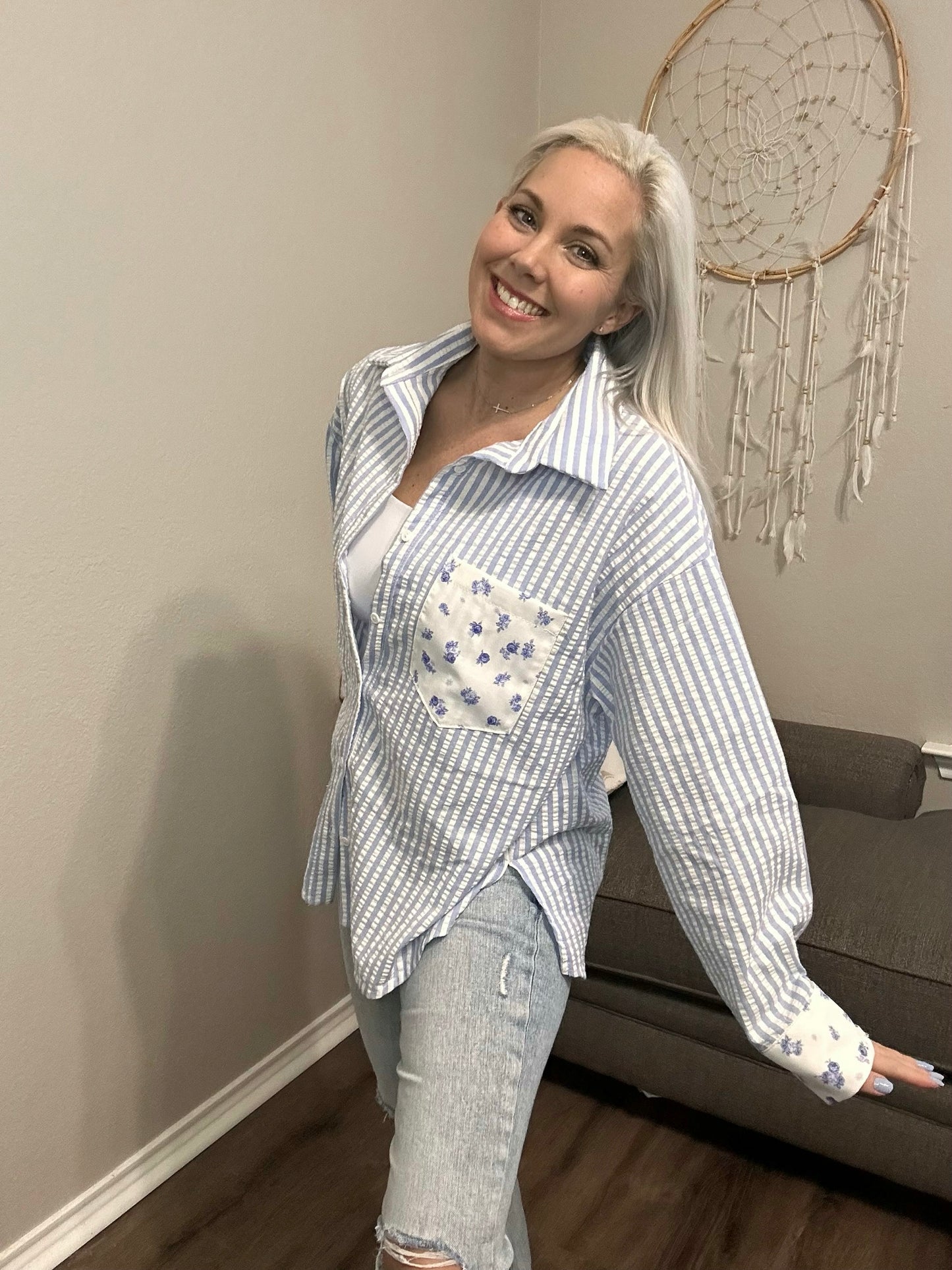 Royal Striped Button Up with Floral Accents