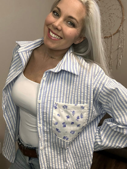 Royal Striped Button Up with Floral Accents