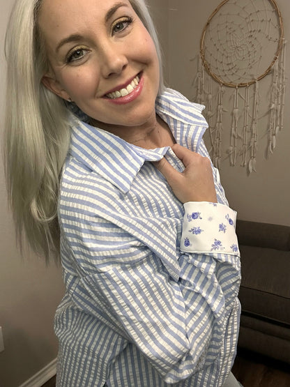 Royal Striped Button Up with Floral Accents