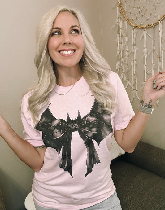 Bat Bow Graphic Tee with Rhinestones