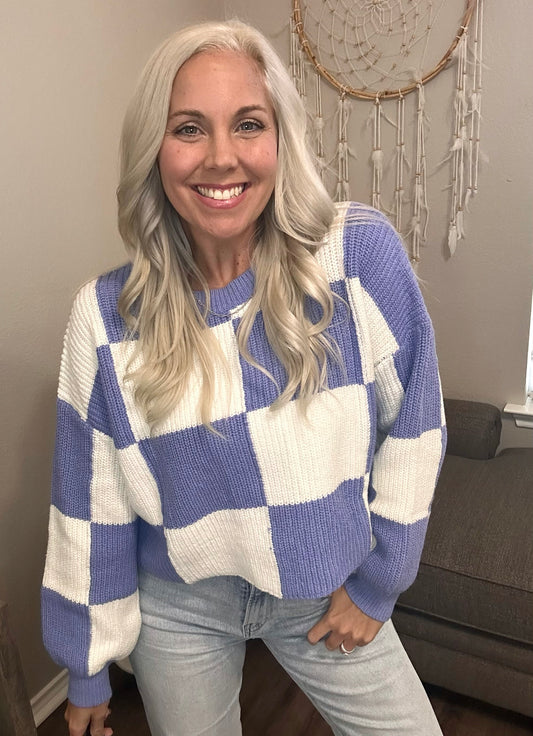 Charlie Checkered Crop Sweater- Periwinkle