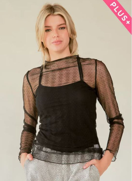 Lush Lace Loose Turtle Neck Sheer Top