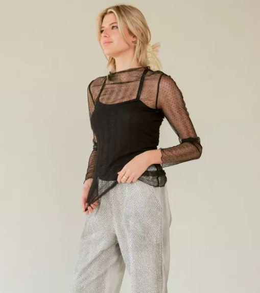 Lush Lace Loose Turtle Neck Sheer Top