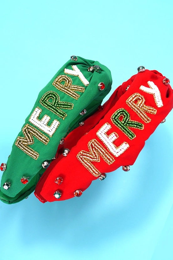 Merry Christmas Holiday Seed Bead Headband