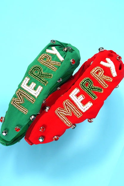 Merry Christmas Holiday Seed Bead Headband