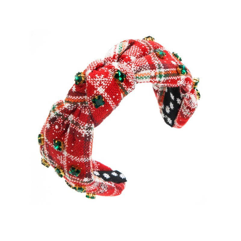 Christmas Plaid Rhinestone Wide Knotted Headband