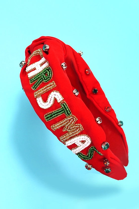 Merry Christmas Holiday Seed Bead Headband
